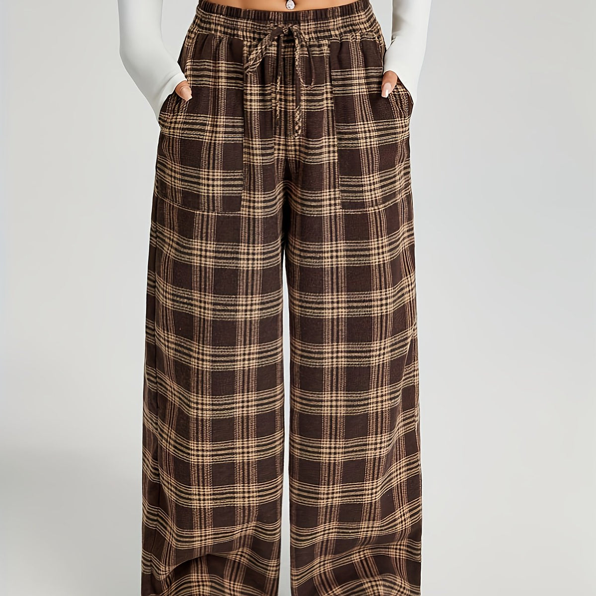Wide Leg Checked Pants with Elastic Drawstring Waist and Roomy Pockets