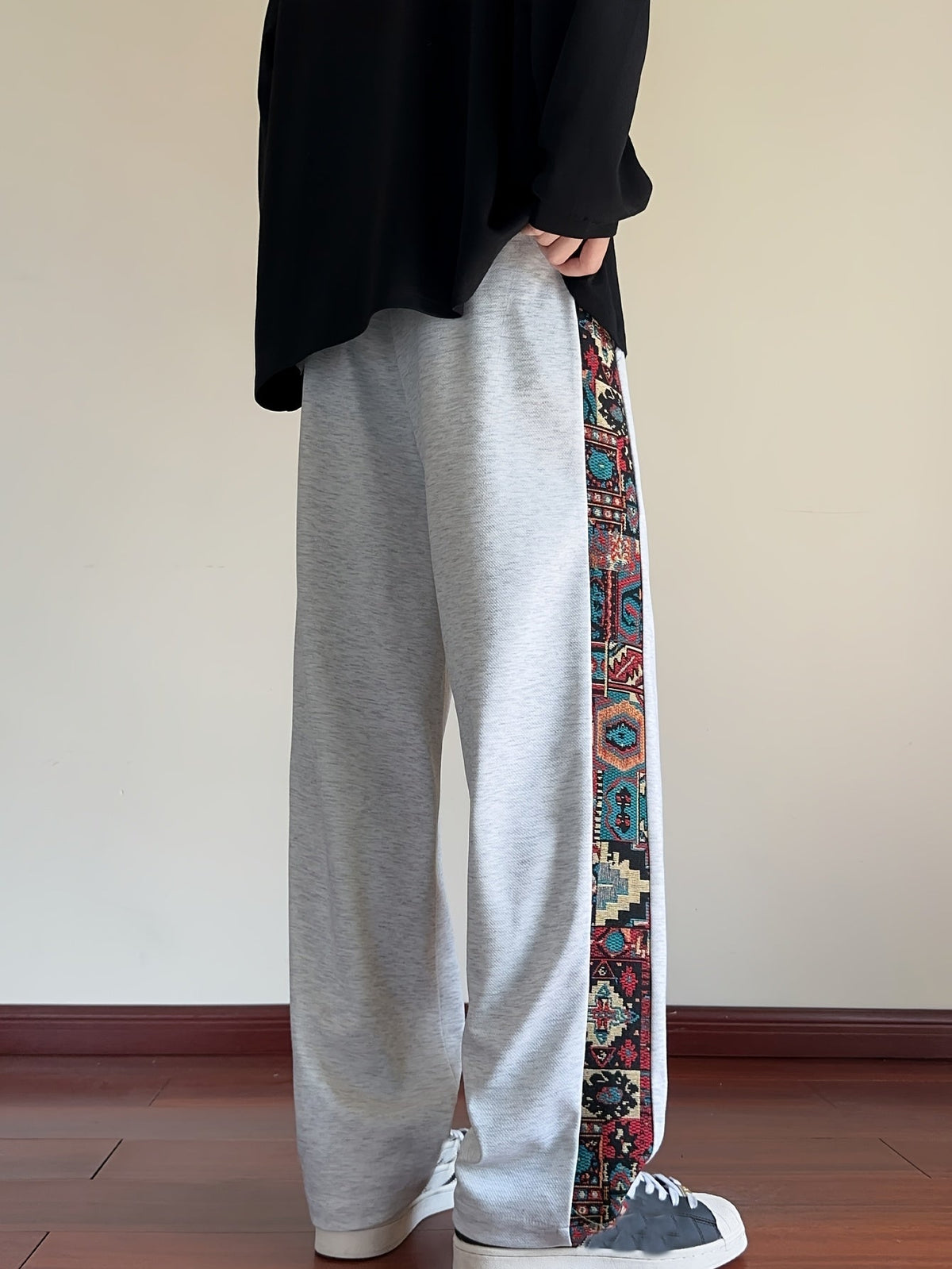 Wide Leg Trousers with Patterned Side Panels and Drawstring Waist