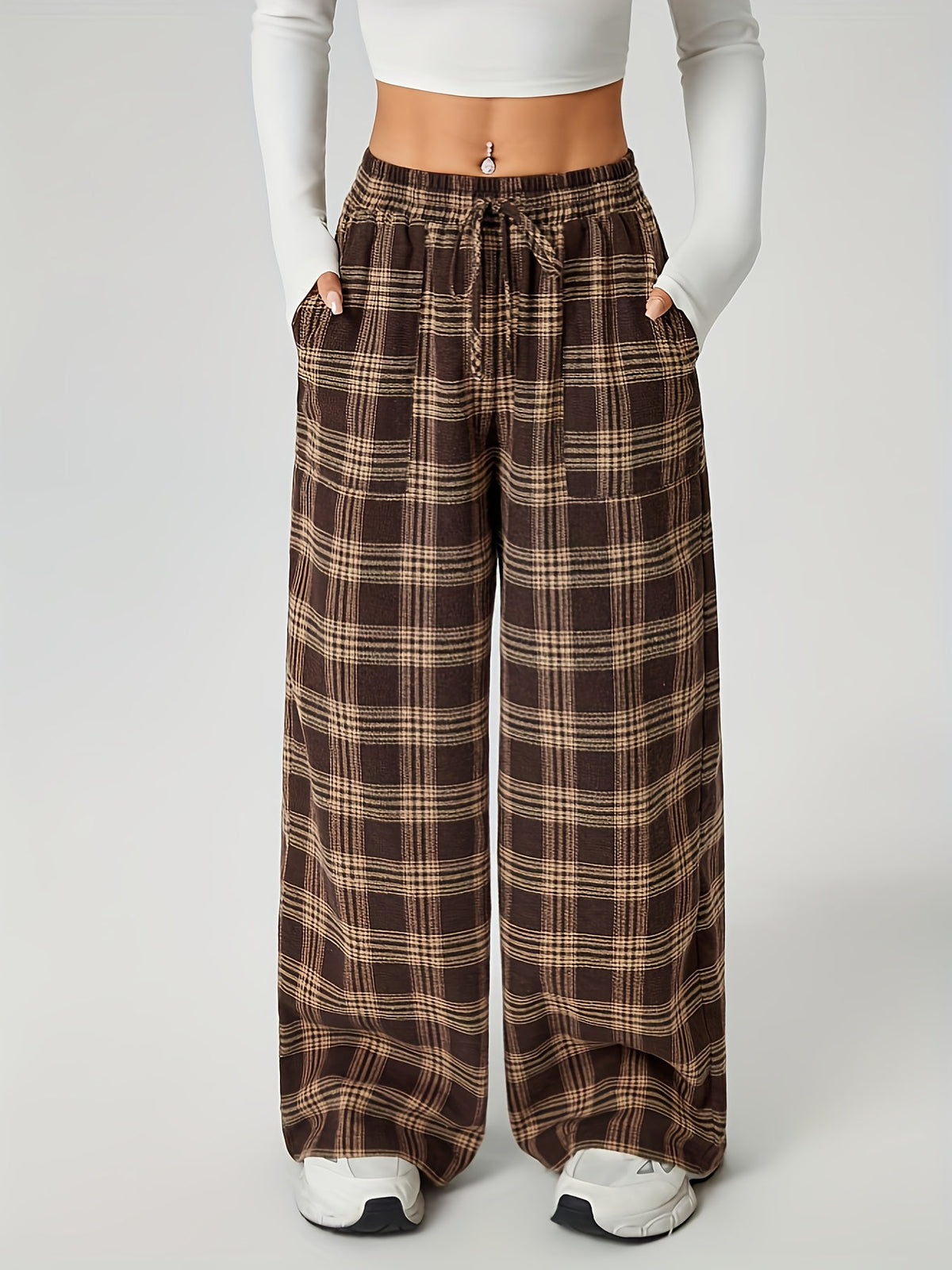 Wide Leg Checked Pants with Elastic Drawstring Waist and Roomy Pockets