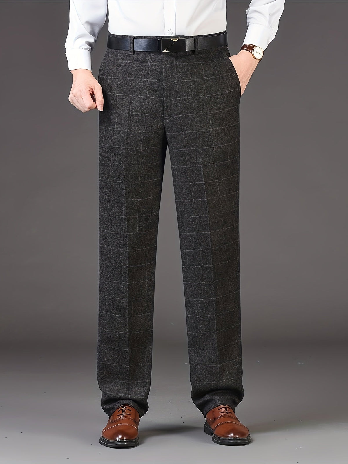 Straight Leg Trousers with High Rise Waist and Check Pattern, Wrinkle Resistant