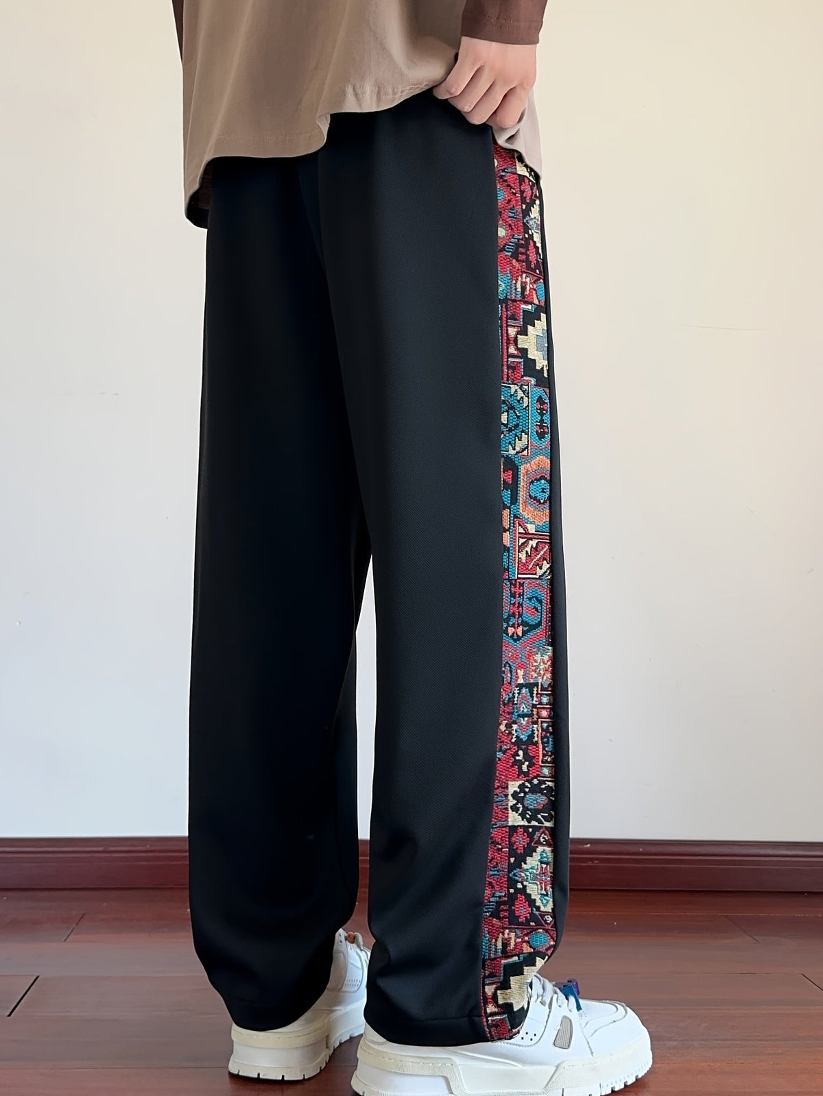 Wide Leg Trousers with Patterned Side Panels and Drawstring Waist