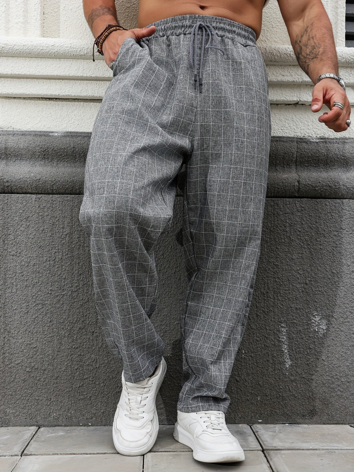 Relaxed Fit Windowpane Check Pants with Adjustable Drawstring Waist