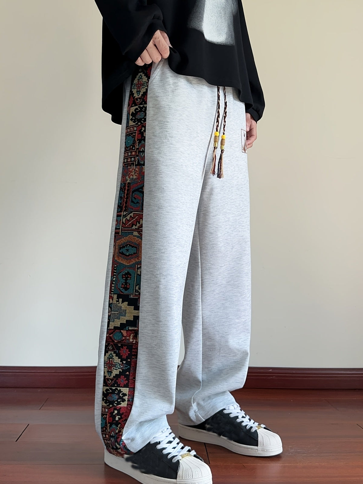 Wide Leg Trousers with Patterned Side Panels and Drawstring Waist