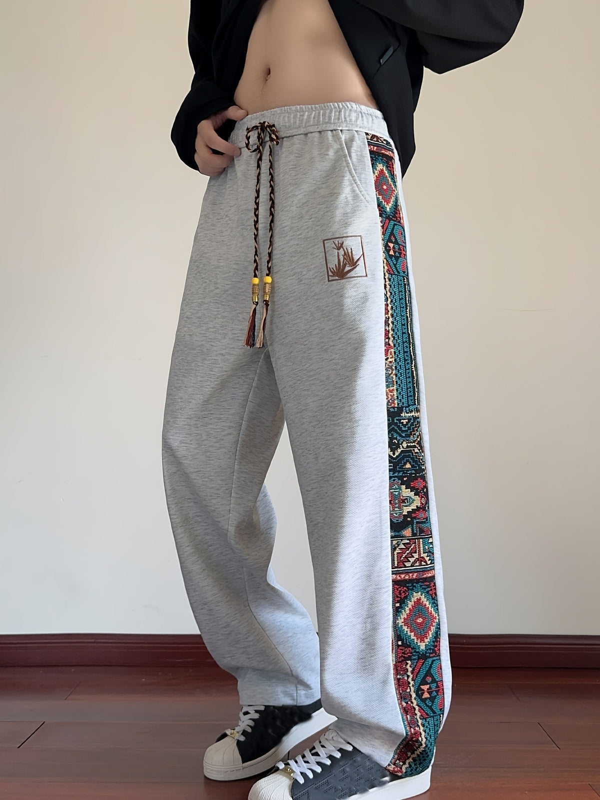 Wide Leg Trousers with Patterned Side Panels and Drawstring Waist