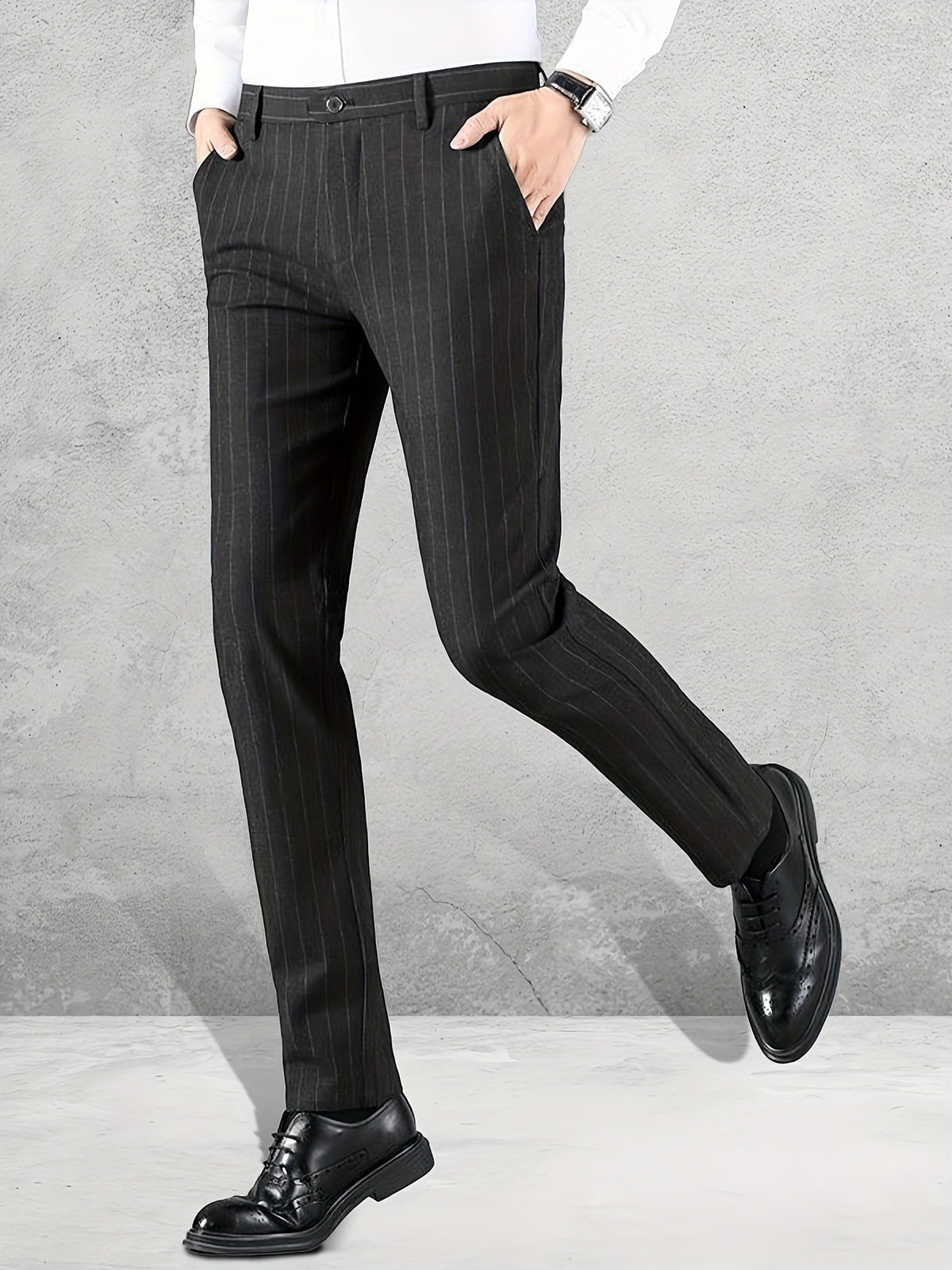 Striped Slim Fit Trousers with Belt Loops and Tapered Ankle