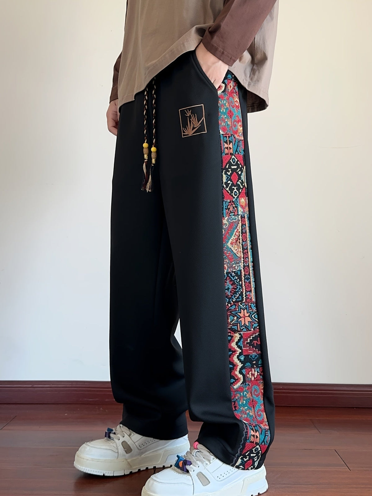Wide Leg Trousers with Patterned Side Panels and Drawstring Waist
