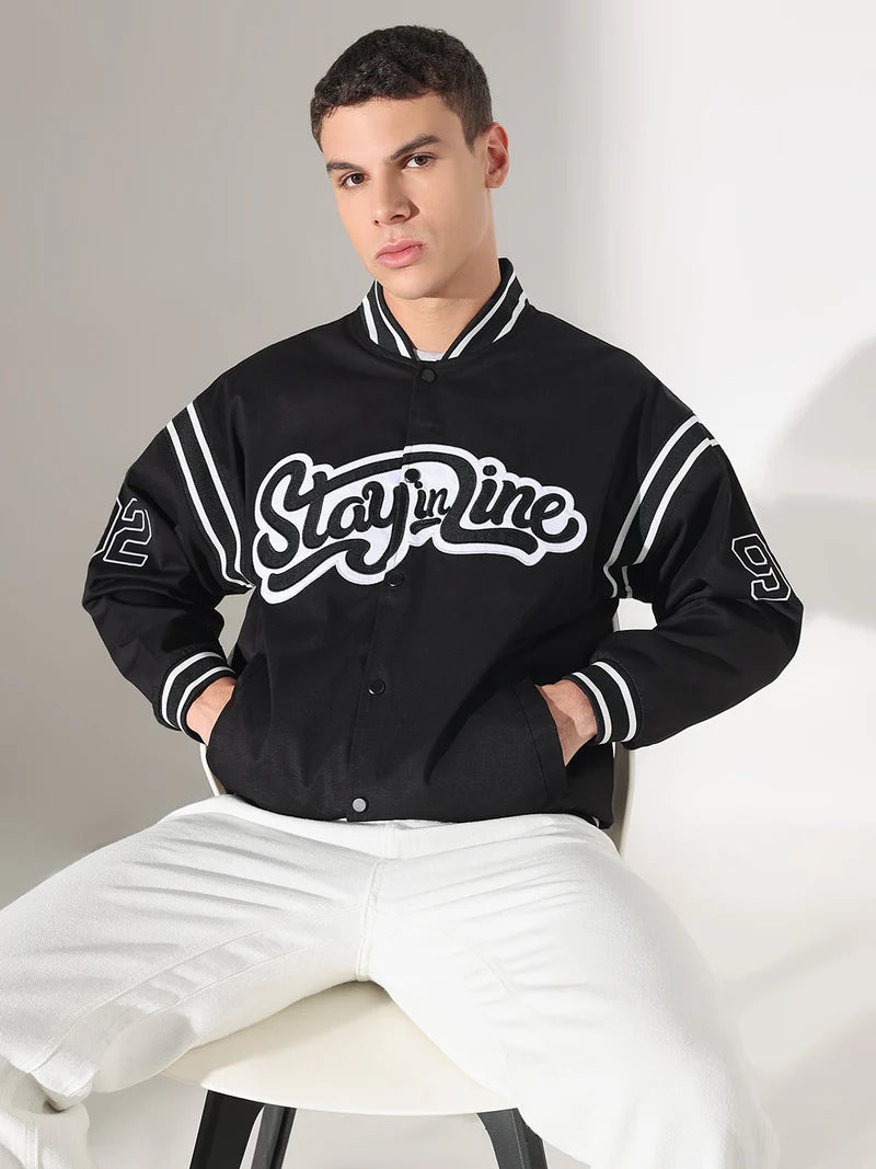 Men’s Black Mandarin Collar Varsity Jacket with Typography