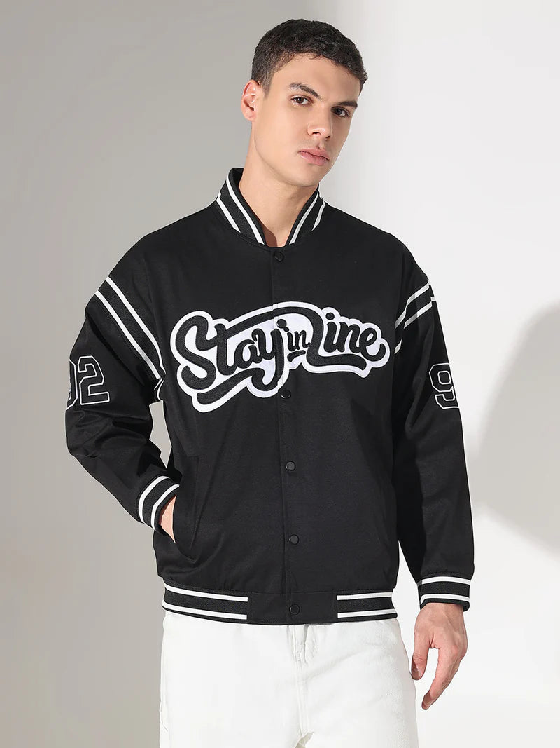 Men’s Black Mandarin Collar Varsity Jacket with Typography