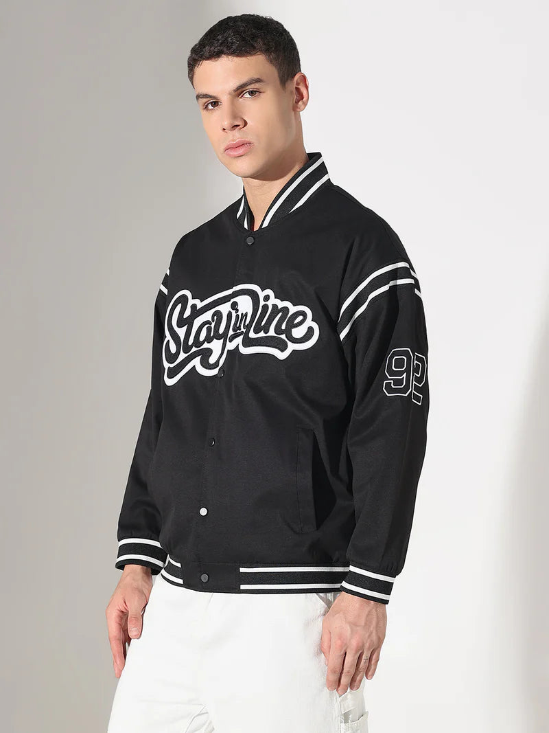 Men’s Black Mandarin Collar Varsity Jacket with Typography