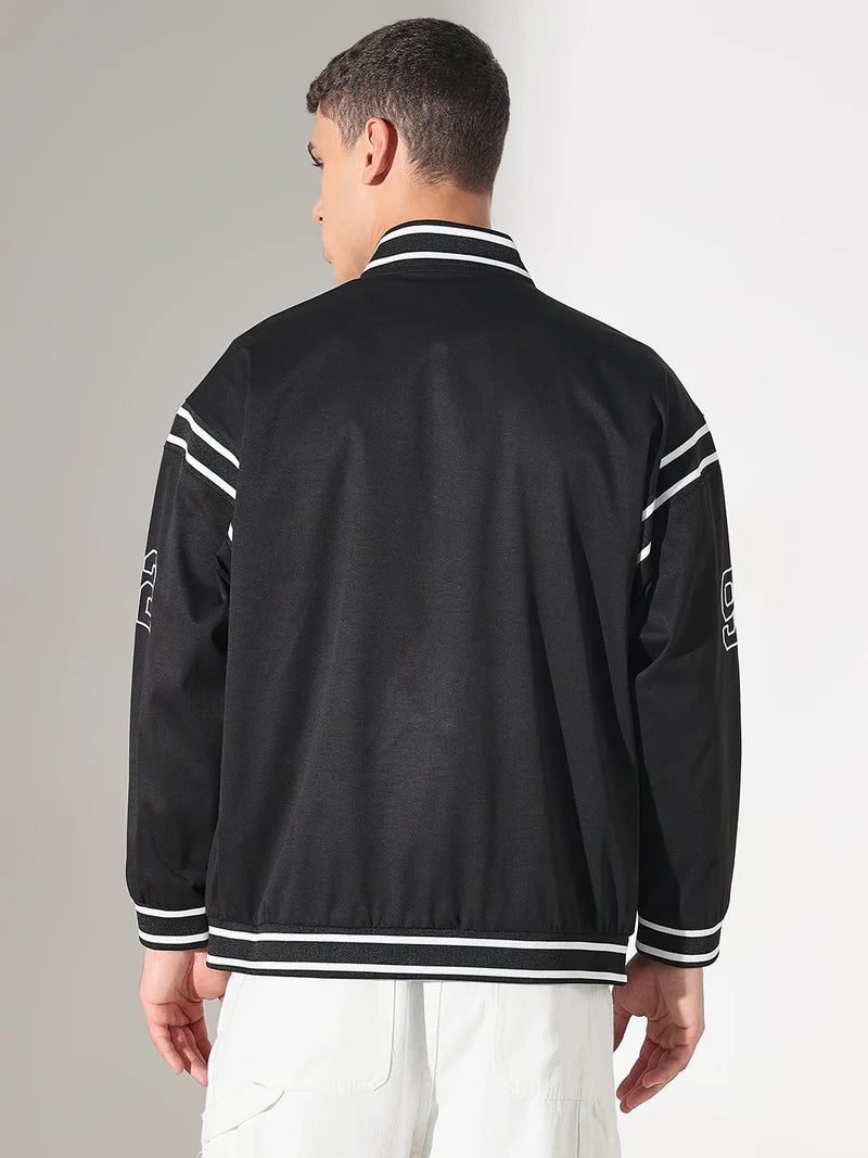 Men’s Black Mandarin Collar Varsity Jacket with Typography
