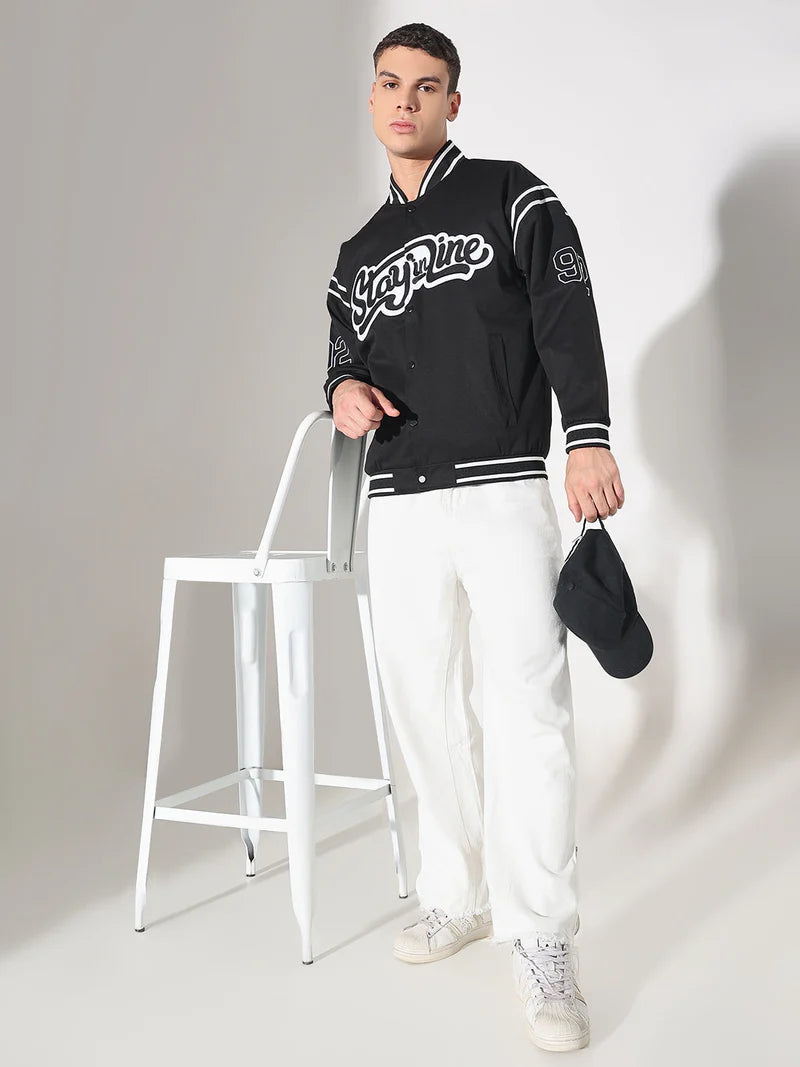 Men’s Black Mandarin Collar Varsity Jacket with Typography