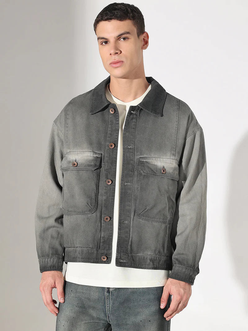 Men’s Gray Washed Denim Jacket, Utility Pocket Design