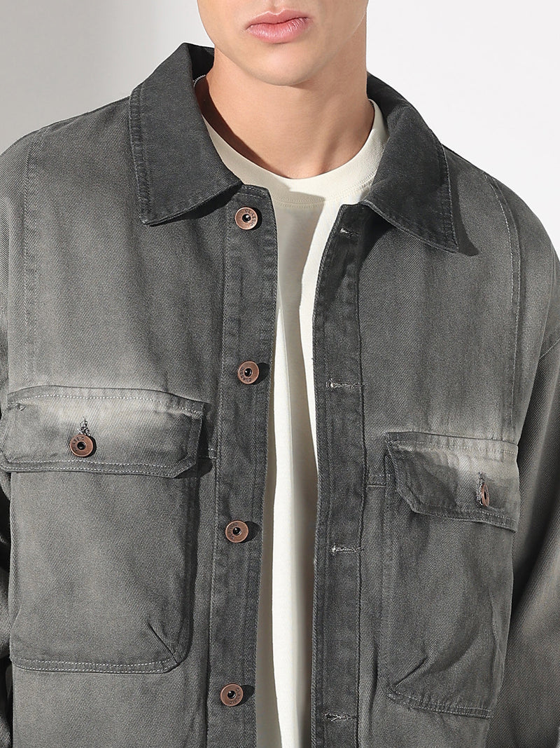 Men’s Gray Washed Denim Jacket, Utility Pocket Design