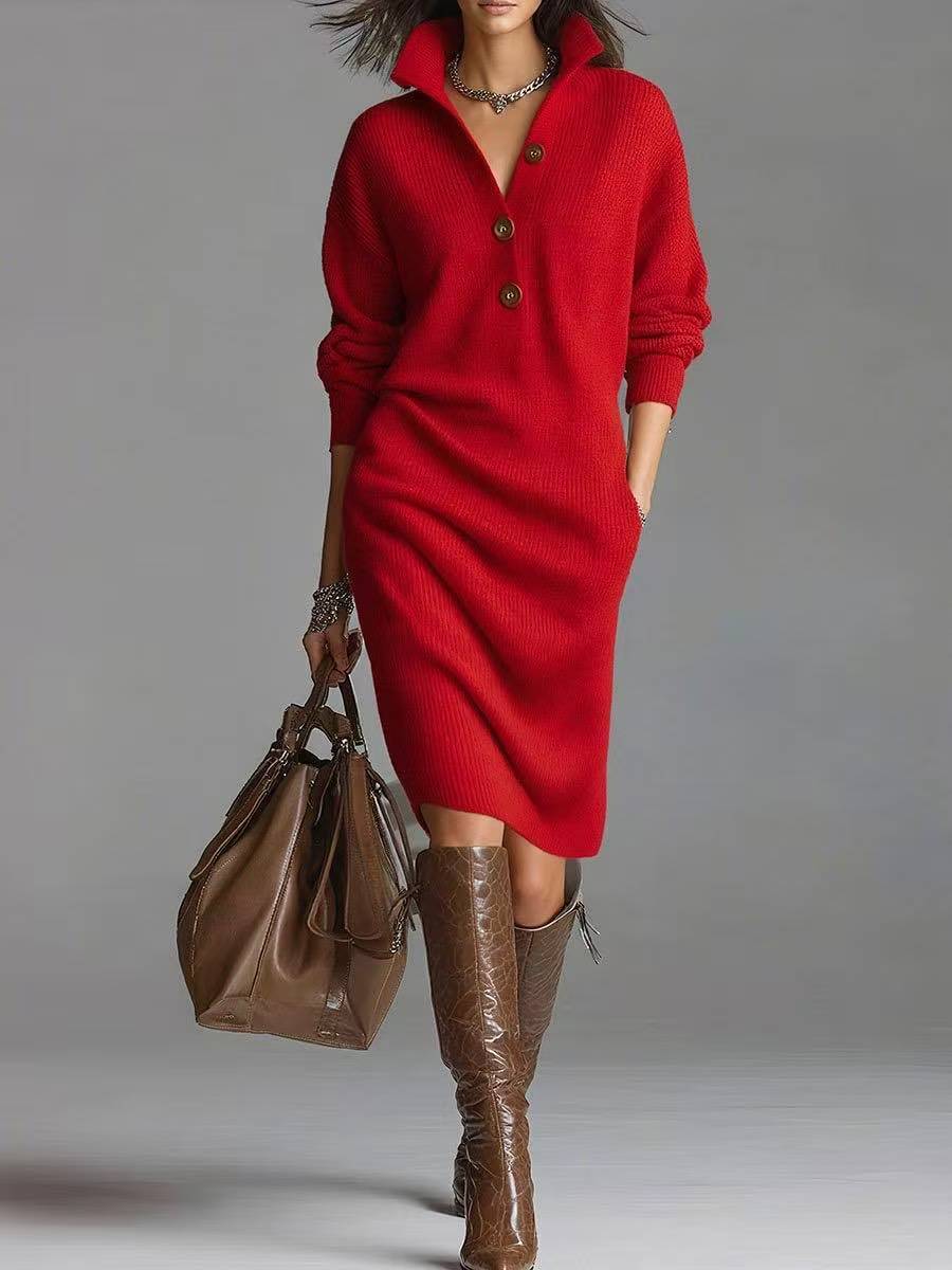 Ribbed Knit Midi Dress with Buttoned Stand Collar and Deep Side Pockets