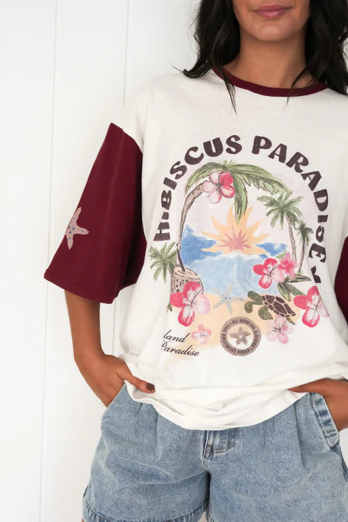 Women’s Paradise Oversized Tee Wine, Vintage Wash