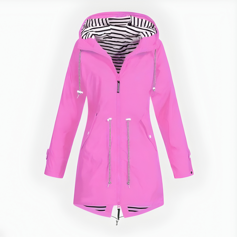 Extended Length Rain Jacket with Adjustable Hood and Front Zipper for Women