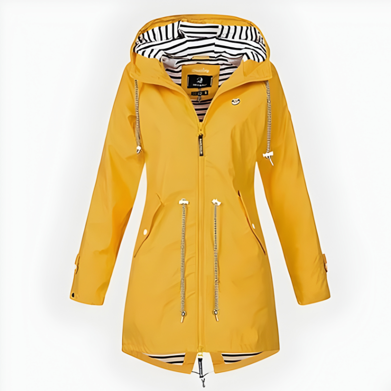 Extended Length Rain Jacket with Adjustable Hood and Front Zipper for Women