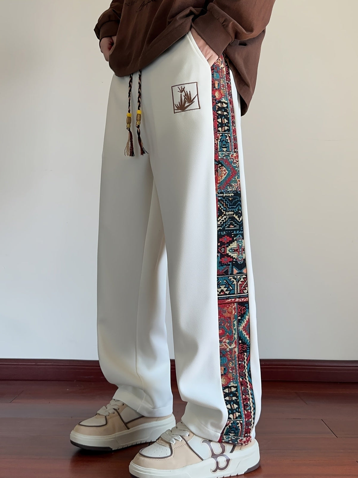 Wide Leg Trousers with Patterned Side Panels and Drawstring Waist