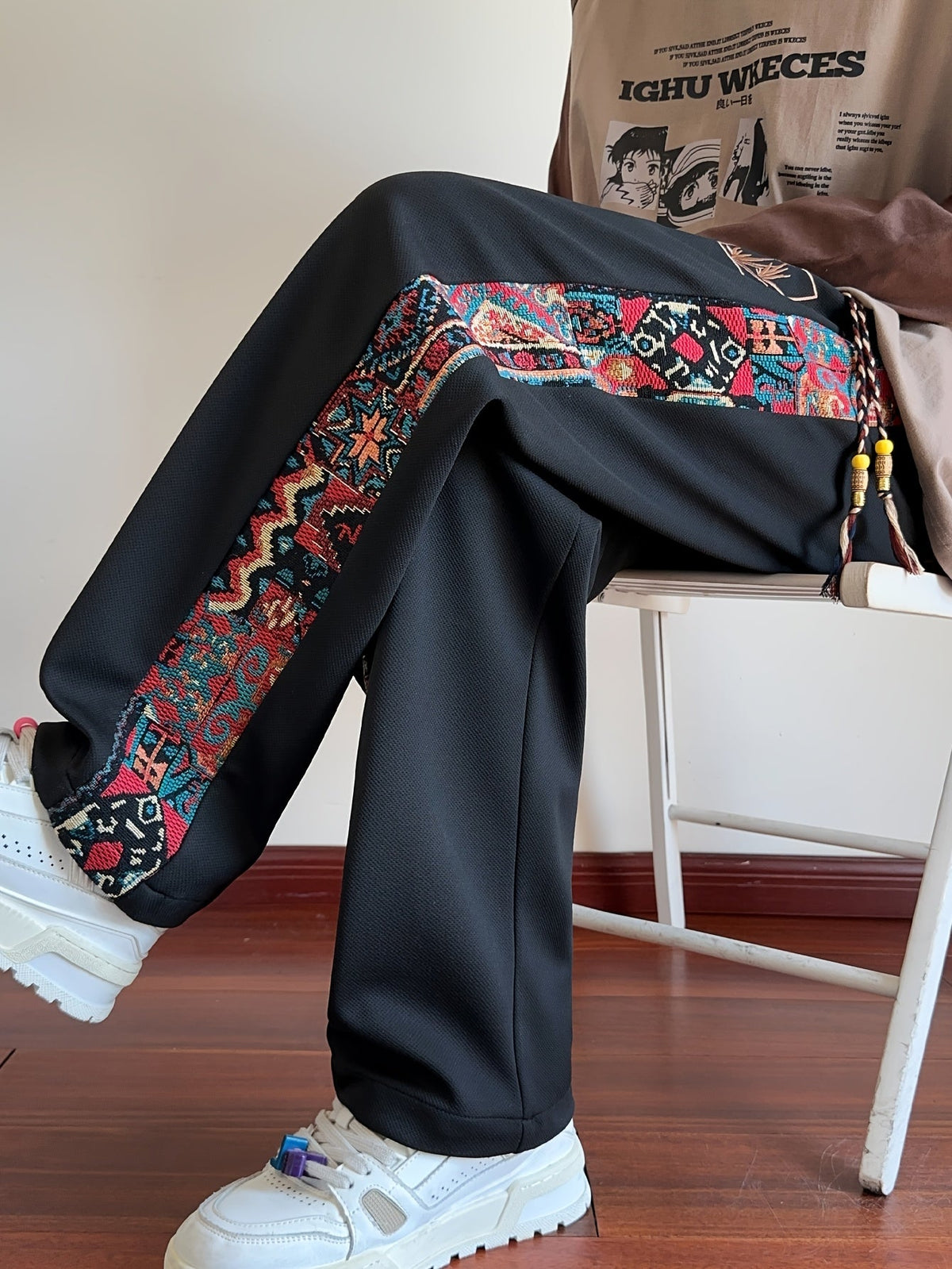 Wide Leg Trousers with Patterned Side Panels and Drawstring Waist