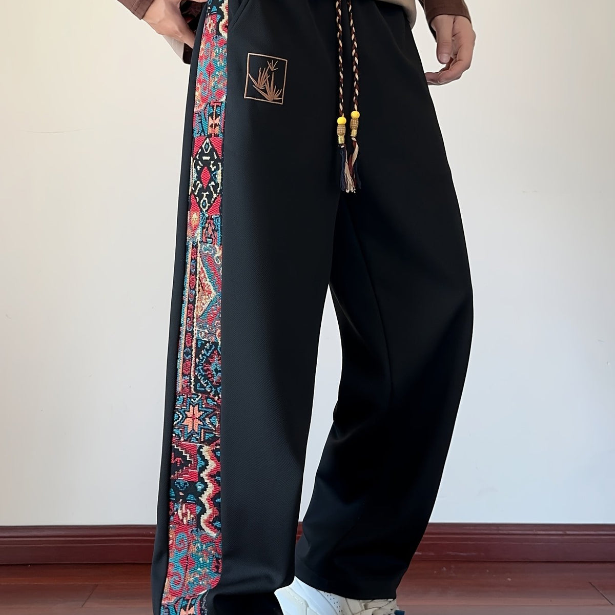Wide Leg Trousers with Patterned Side Panels and Drawstring Waist