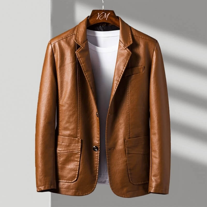 Tailored Faux Leather Blazer with Notch Lapels and Three Pocket Design
