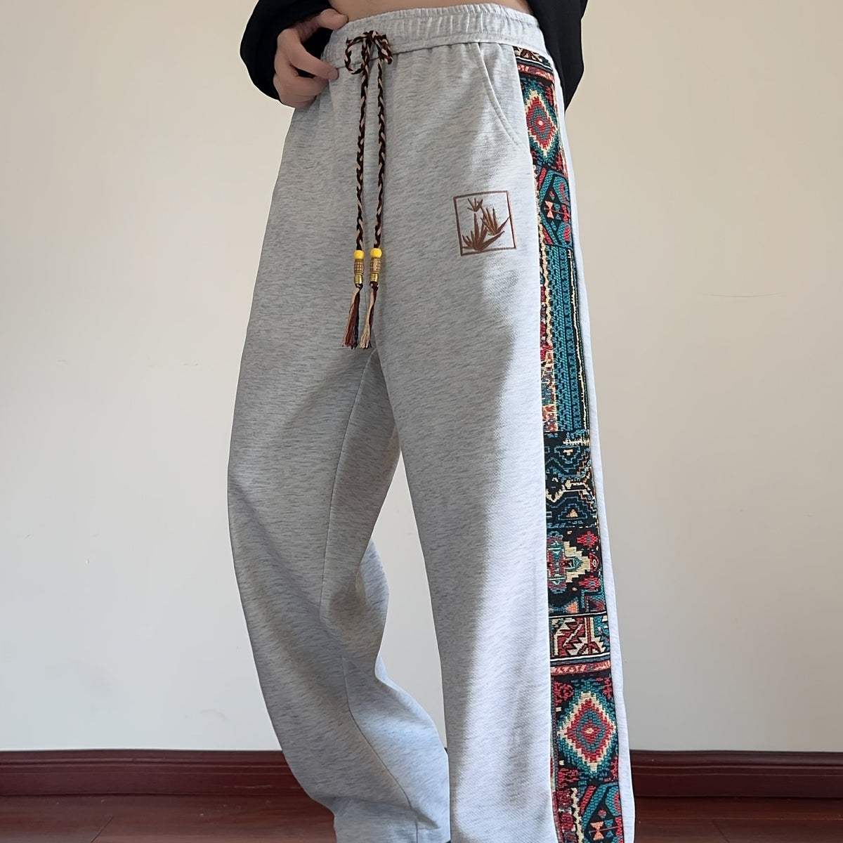 Wide Leg Trousers with Patterned Side Panels and Drawstring Waist
