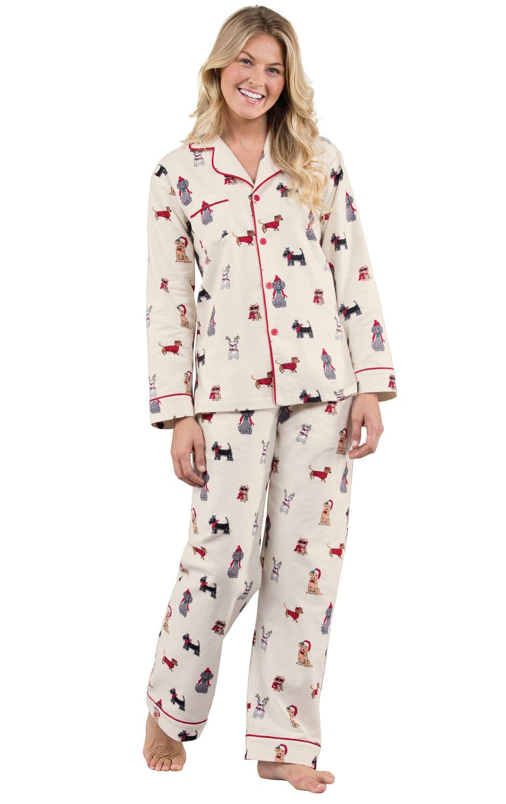 Flannel Pajama Set with Festive Dog Print and Button Front Closure