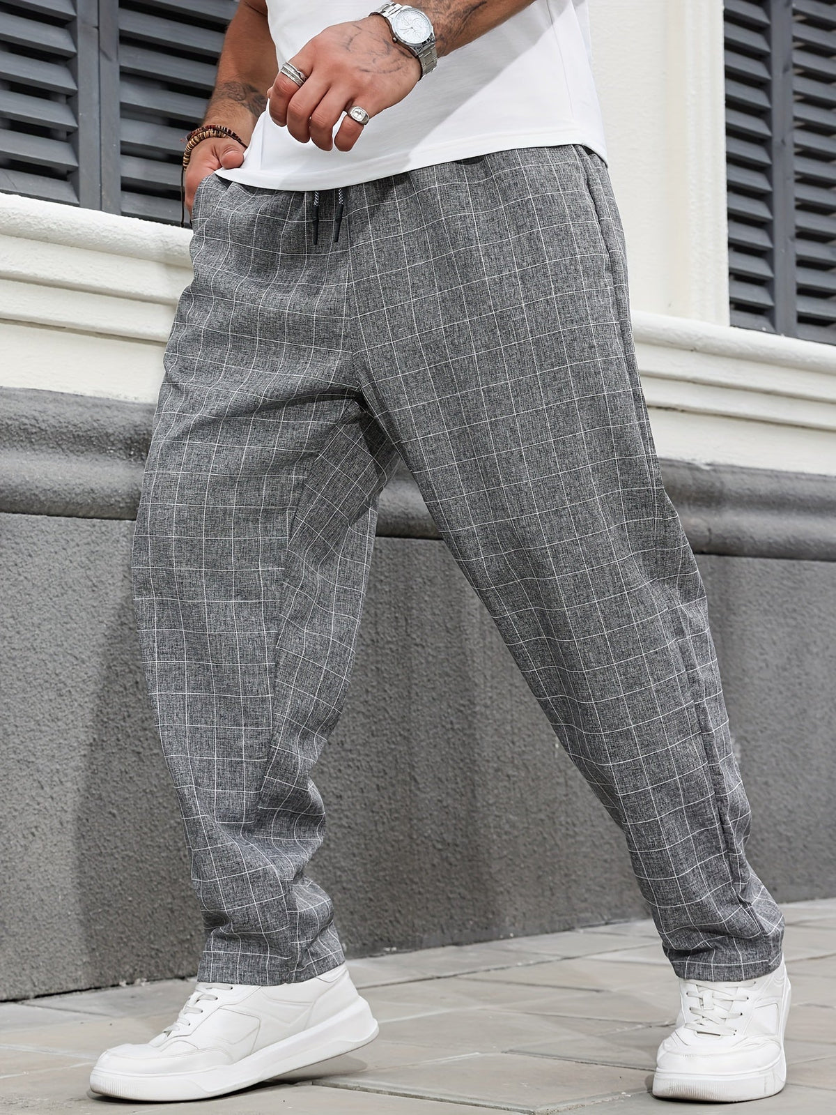 Relaxed Fit Windowpane Check Pants with Adjustable Drawstring Waist