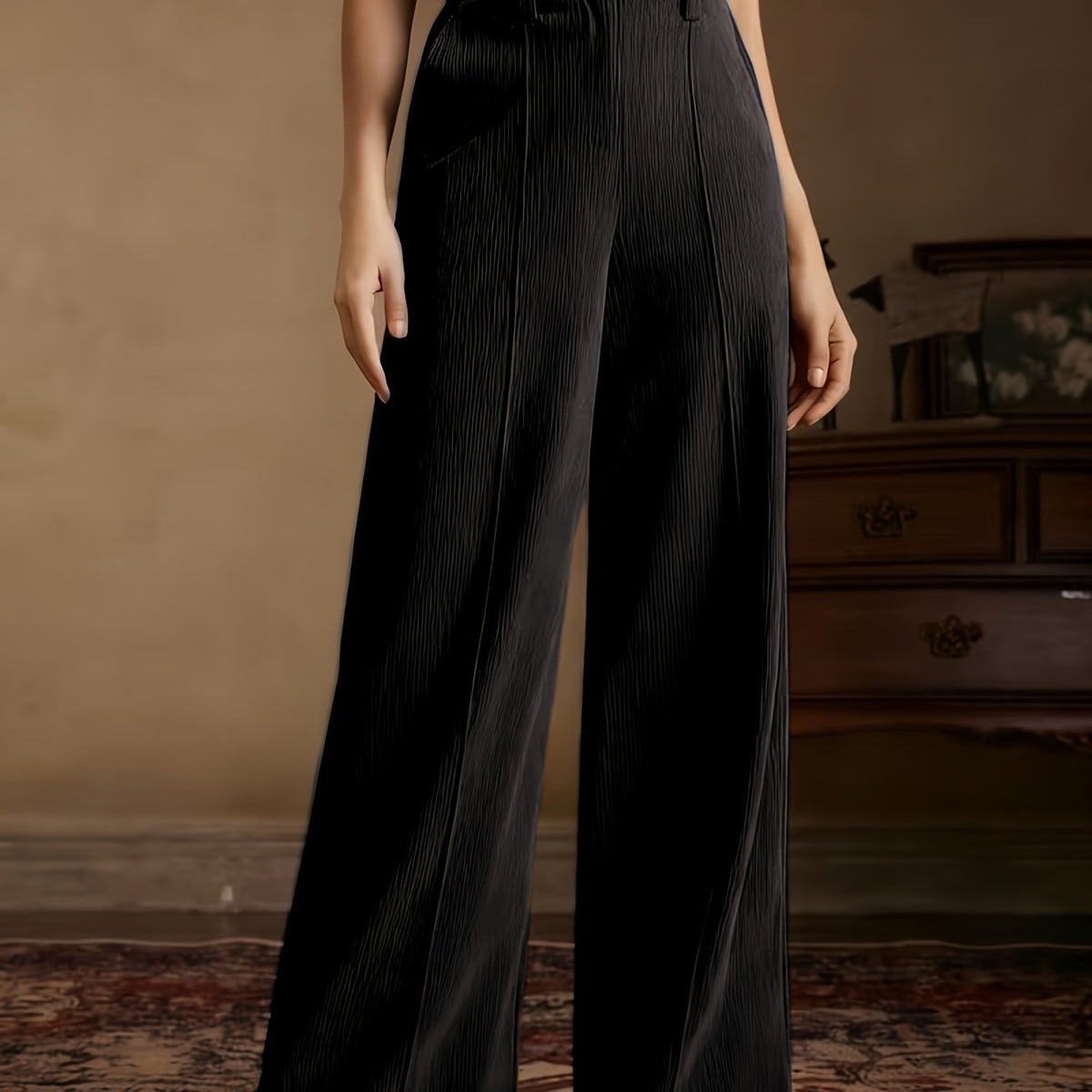 Womens High-Waisted Wide-Leg Trousers with Flat Waistband and Machine Washable Fabric