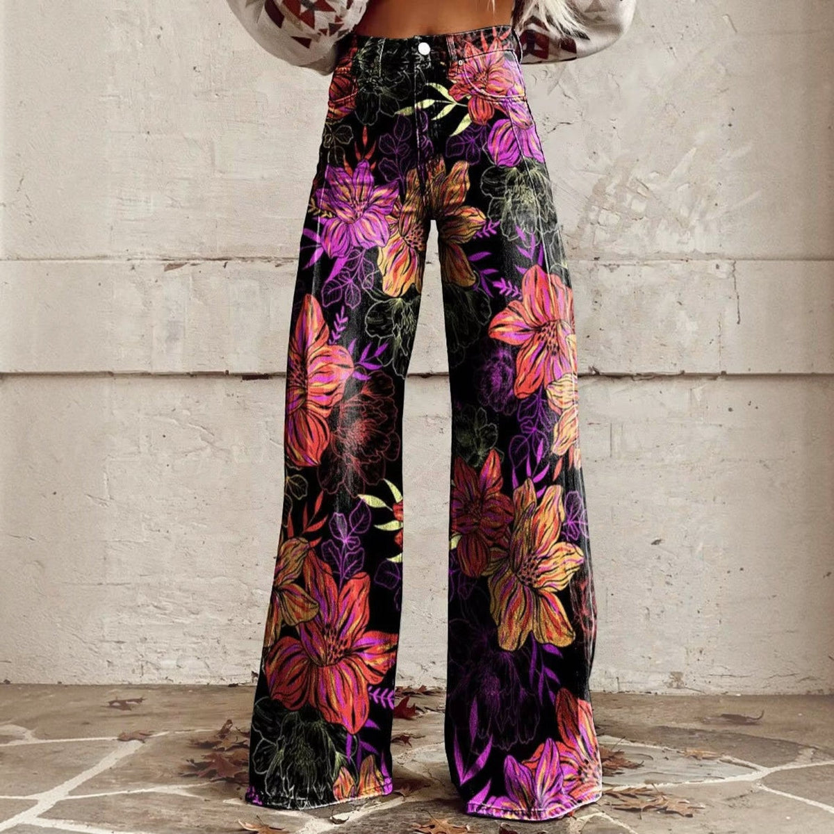 Floral Bell Bottom Pants with High Waist and Stretch Cotton Blend