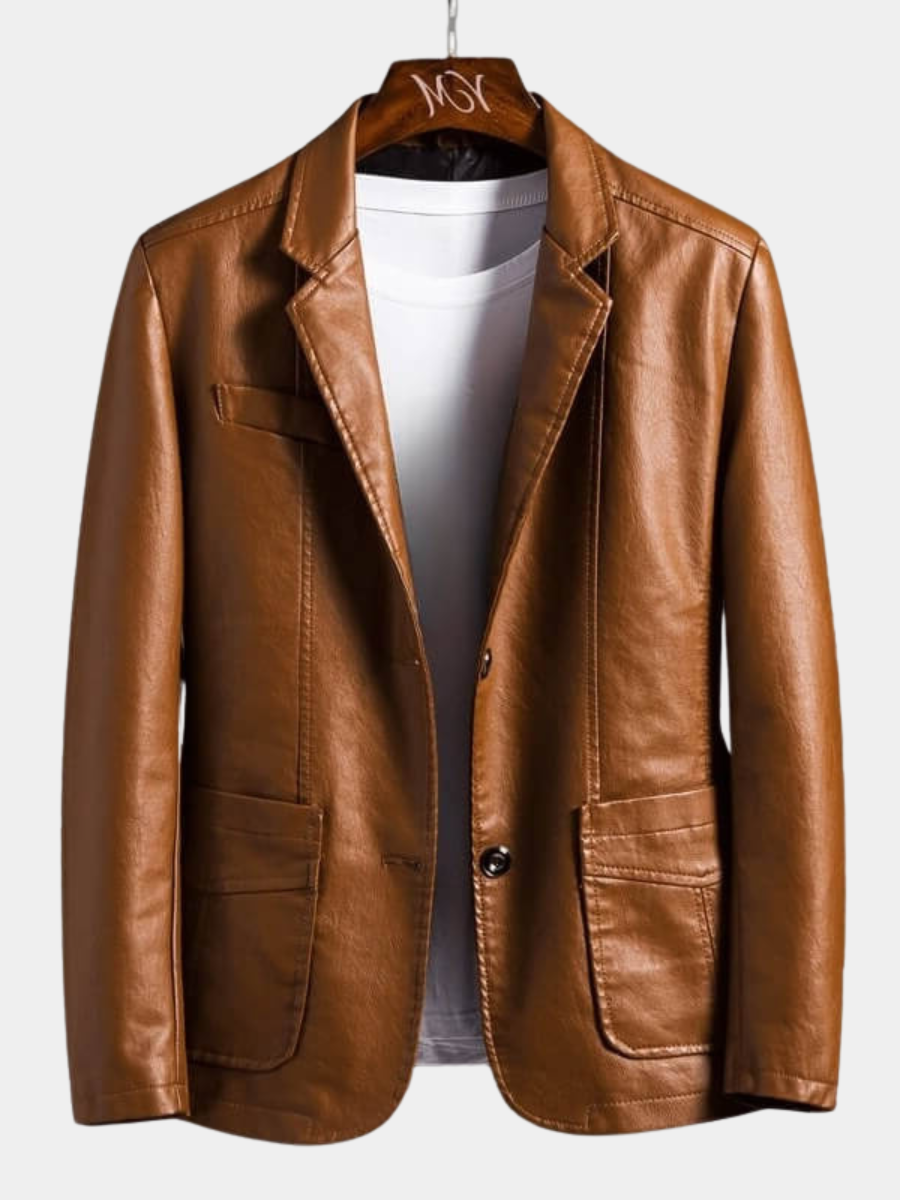 Tailored Faux Leather Blazer with Notch Lapels and Three Pocket Design