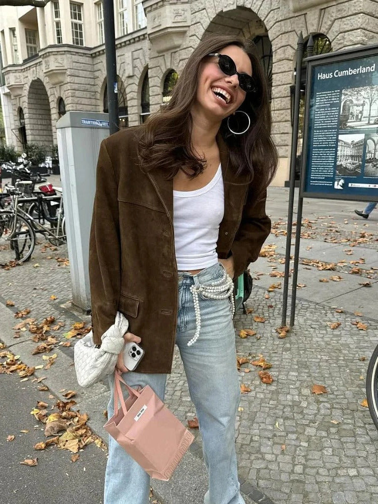 Womens Suede Jacket with Lapel Collar and Button Front, Brown Long Sleeve