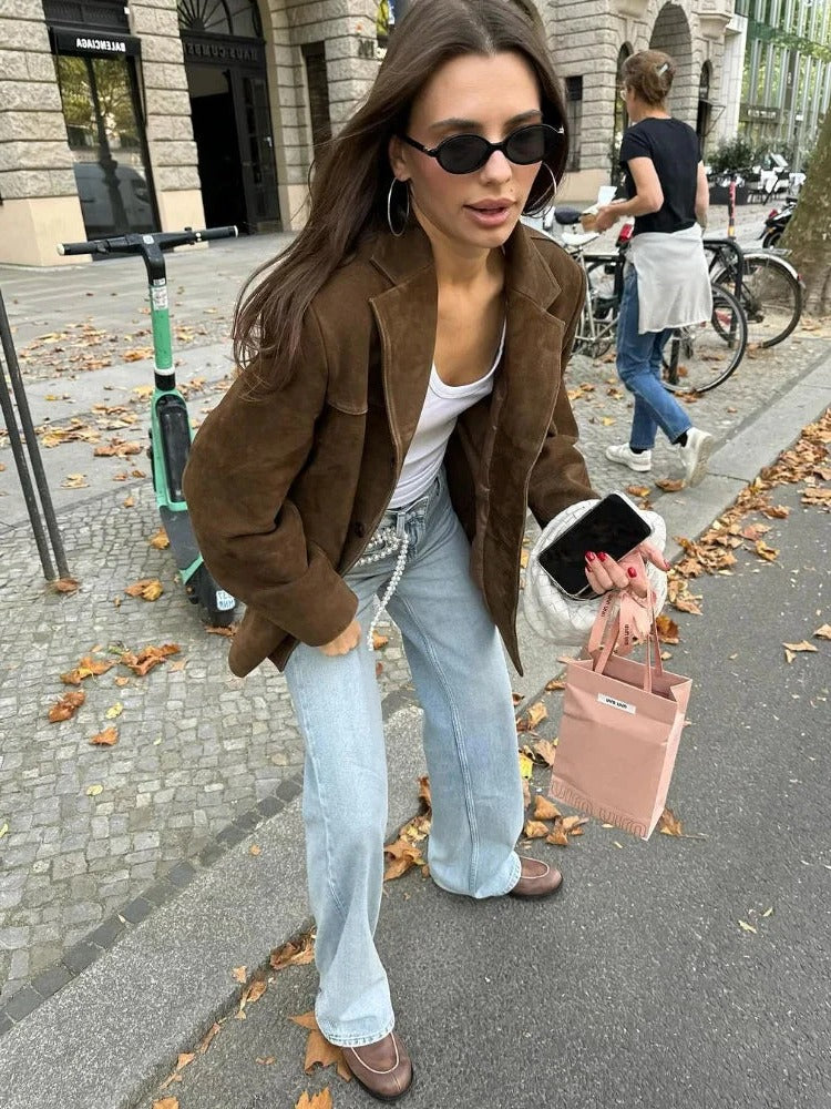 Womens Suede Jacket with Lapel Collar and Button Front, Brown Long Sleeve
