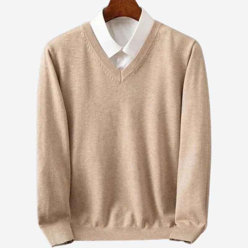 Men's Crew Neck Sweater with Natural Fibers and Ribbed Details