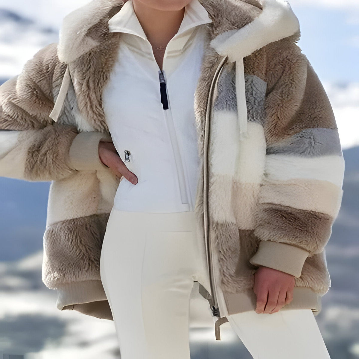 Oversized Faux Fur Coat with Double Layered Lining and Adjustable Hood, Multicolored
