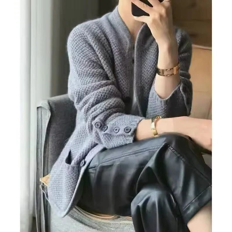 Knit Sweater Jacket with Front Closure and Side Pockets for Winter