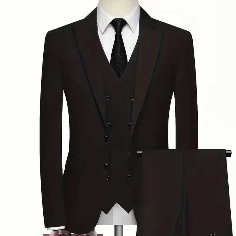 Mens slim fit three piece suit with single breasted blazer, double breasted waistcoat and trousers