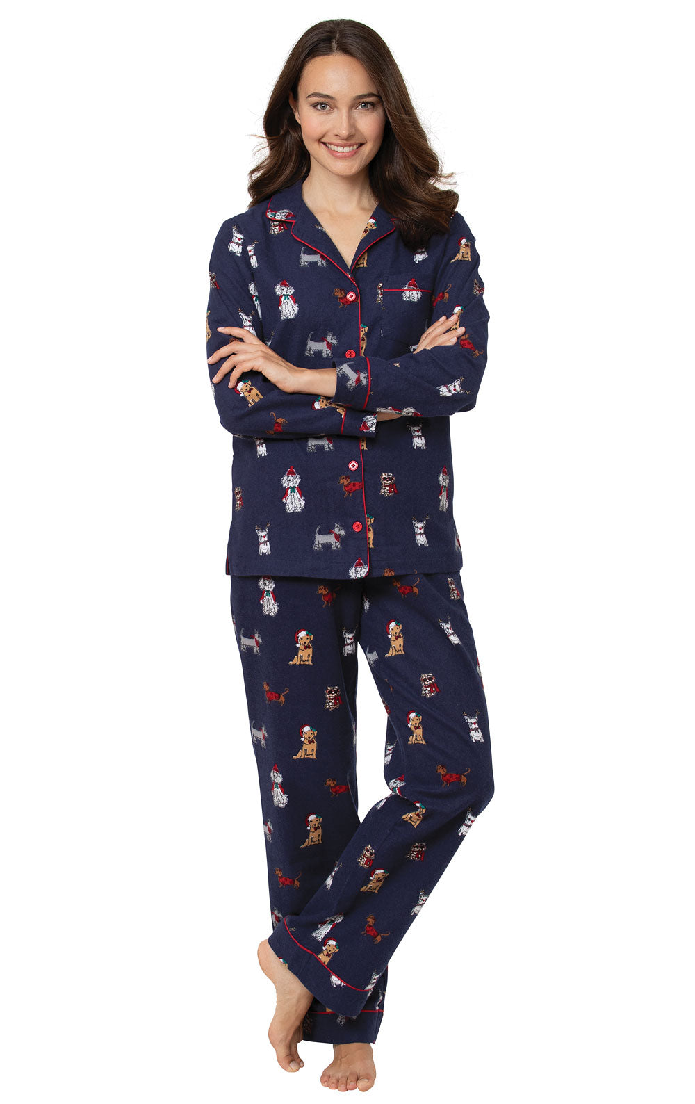 Flannel Pajama Set with Festive Dog Print and Button Front Closure