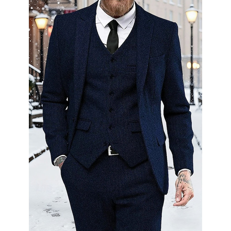 Mens Three Piece Suit with Single Breasted Jacket and Tailored Waistcoat