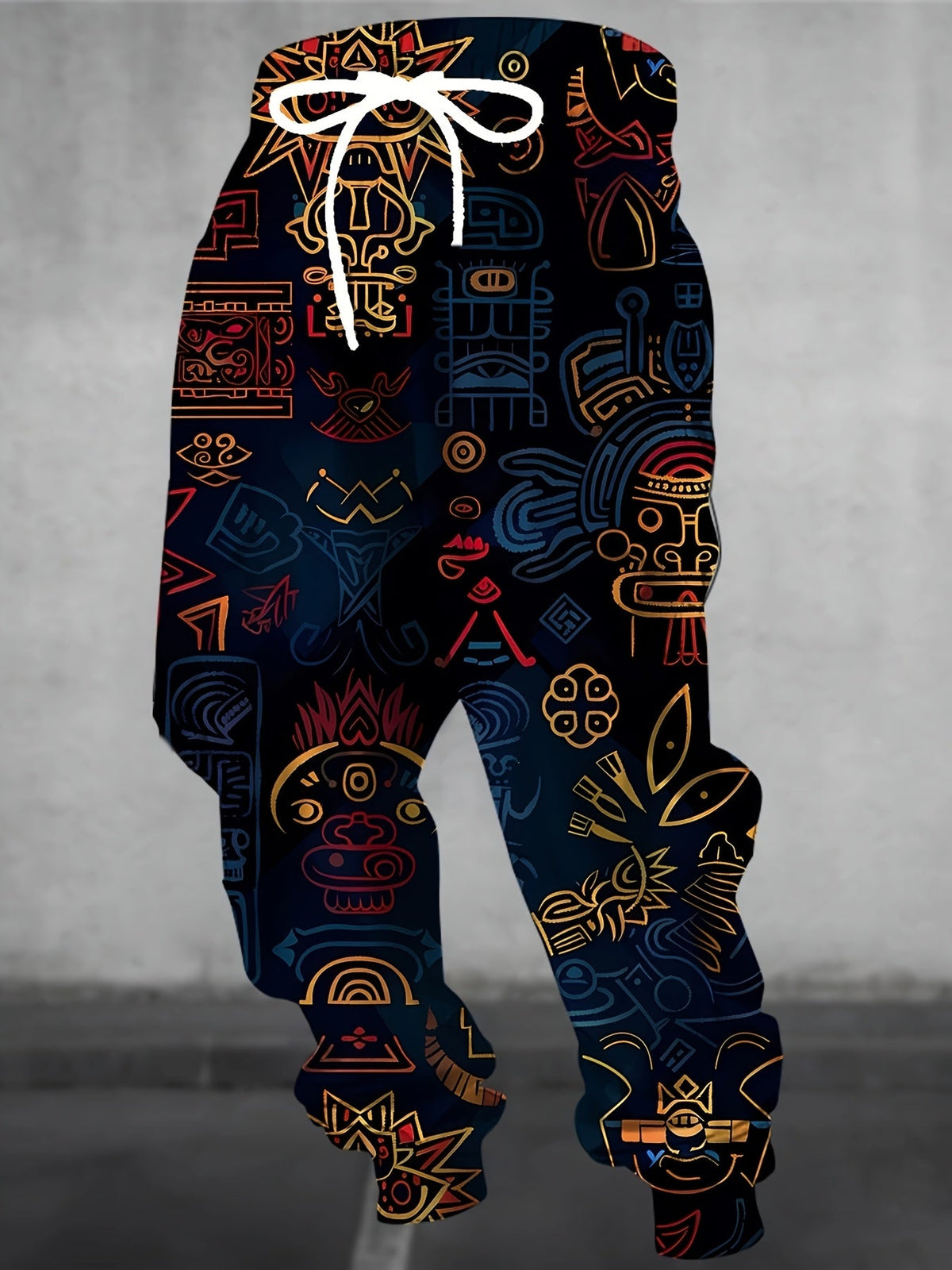 Artistic Print Joggers with Tapered Legs and Drawstring Waist, Cuffed Ankles