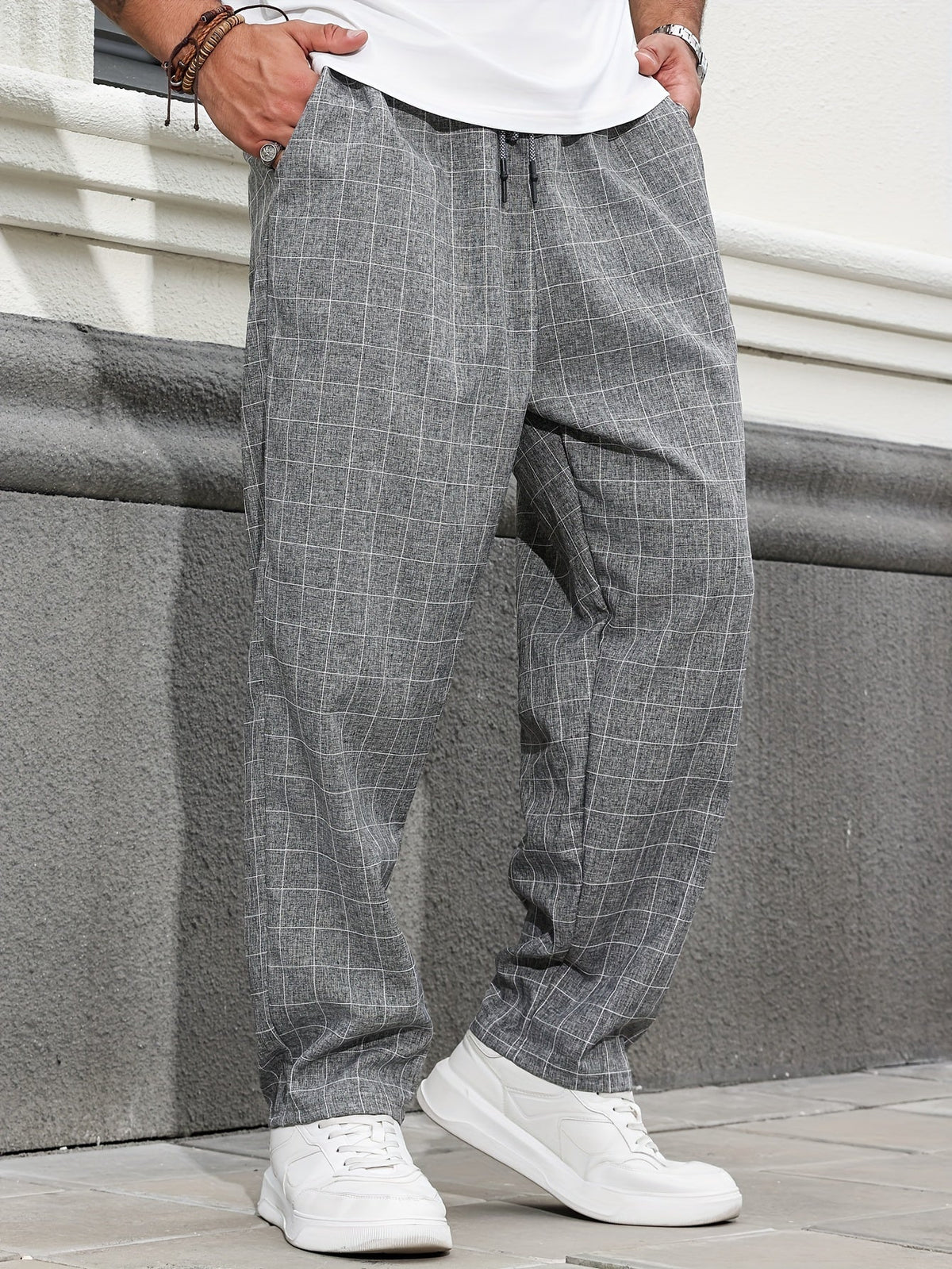 Relaxed Fit Windowpane Check Pants with Adjustable Drawstring Waist