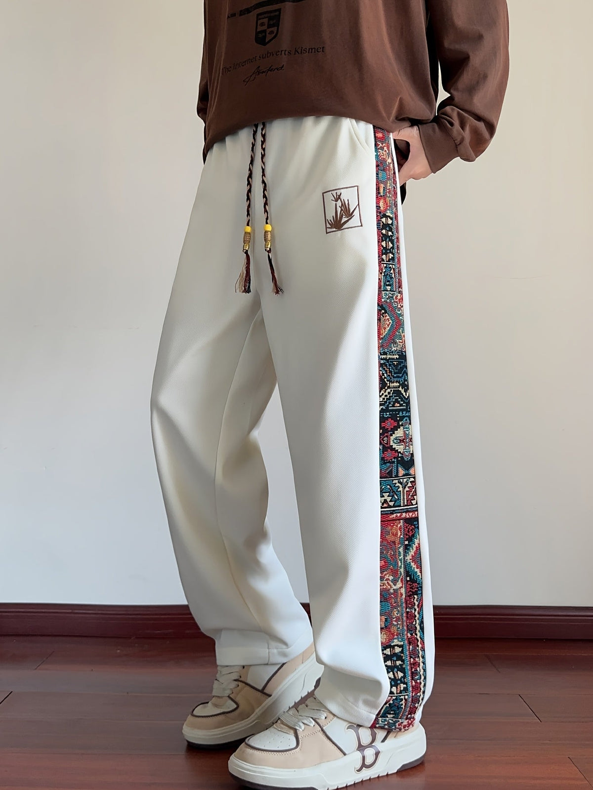 Wide Leg Trousers with Patterned Side Panels and Drawstring Waist