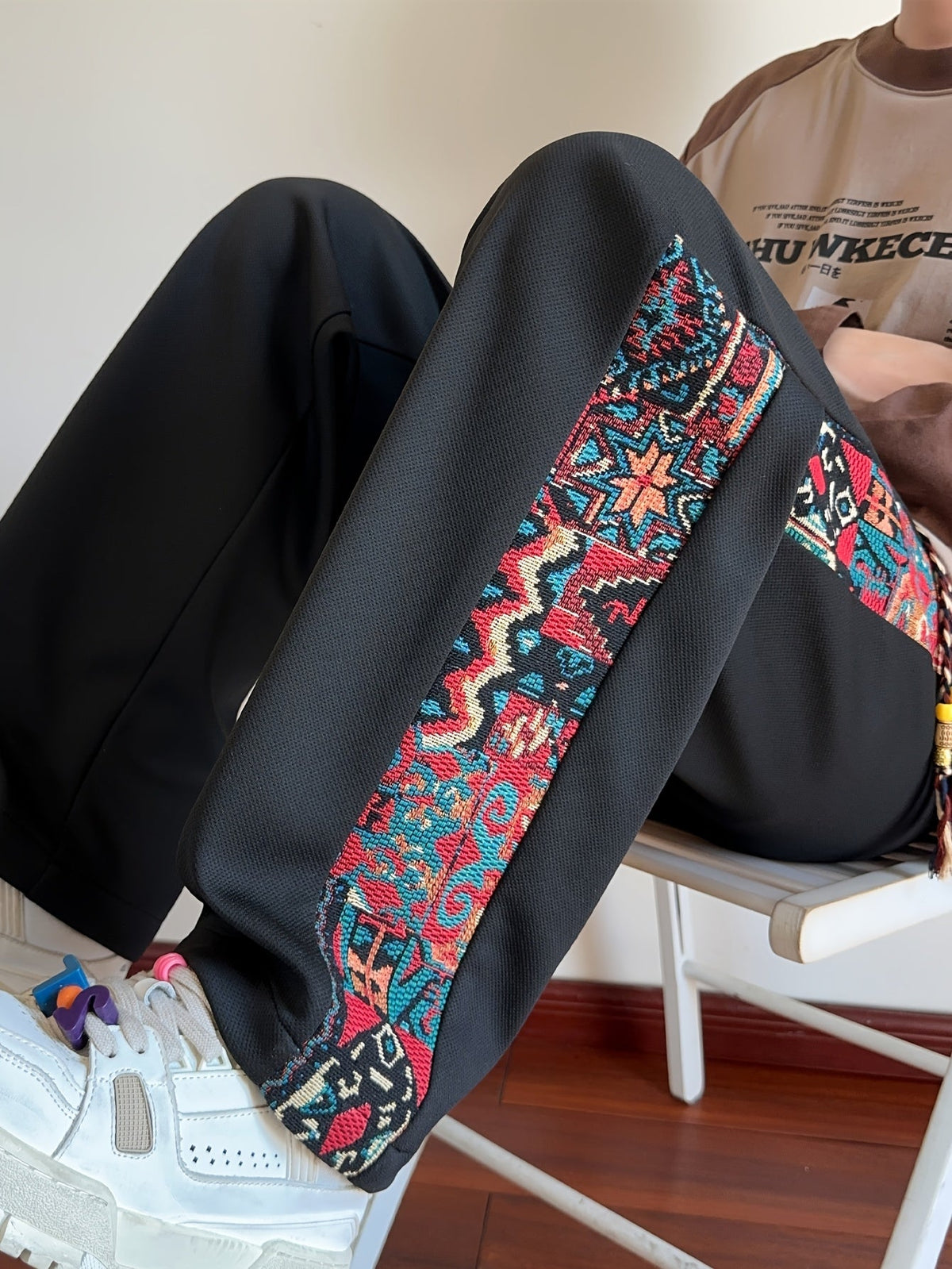 Wide Leg Trousers with Patterned Side Panels and Drawstring Waist