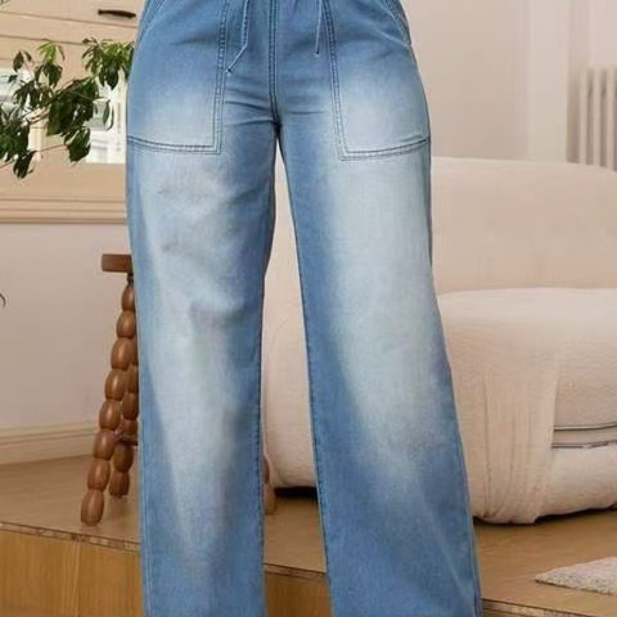 Wide-Leg Trousers with Adjustable Drawstring Waist and Light Wash