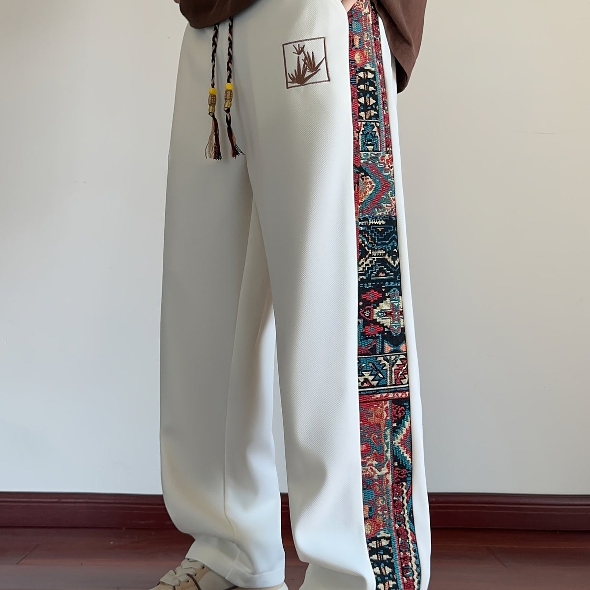 Wide Leg Trousers with Patterned Side Panels and Drawstring Waist