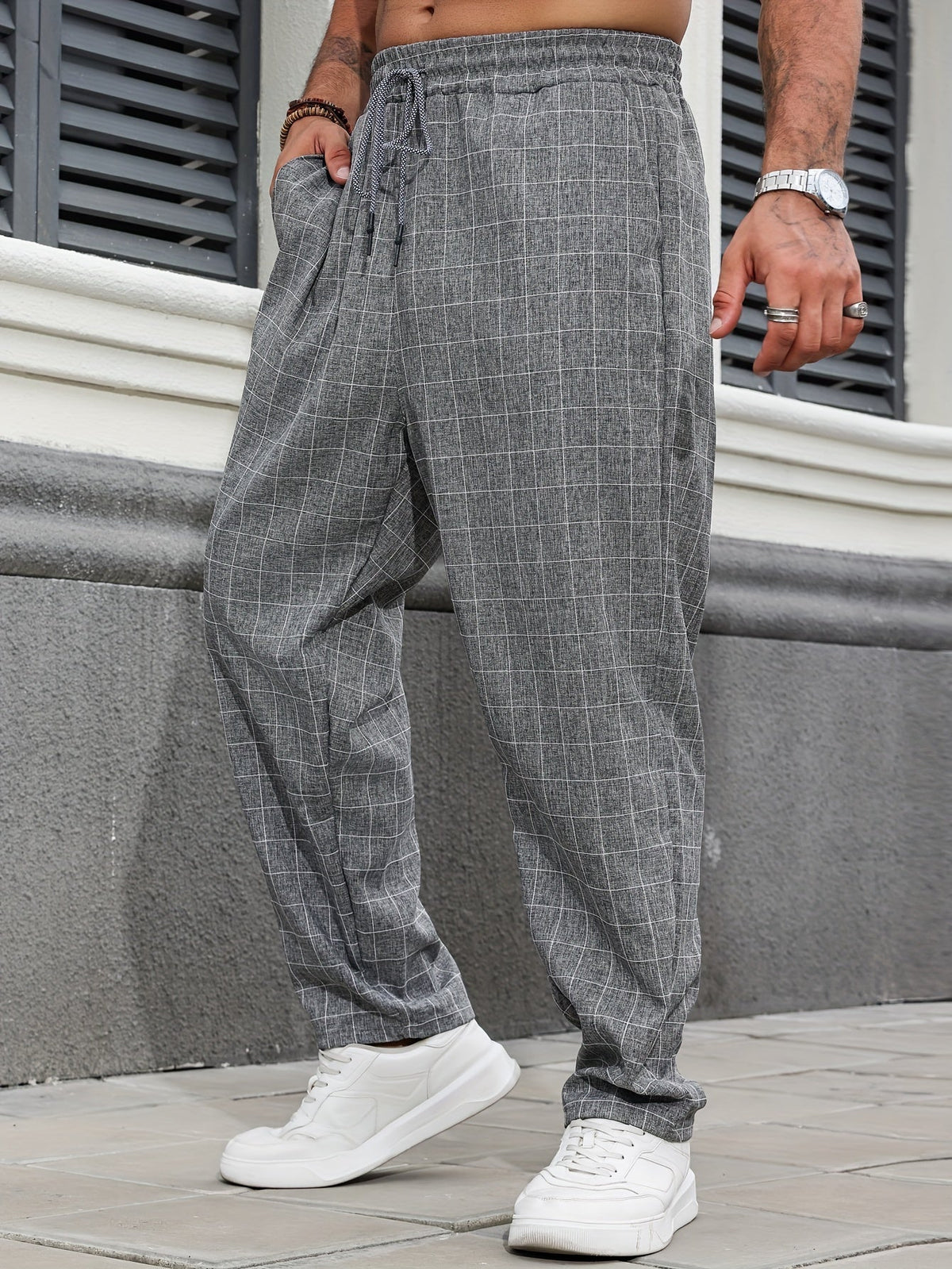 Relaxed Fit Windowpane Check Pants with Adjustable Drawstring Waist