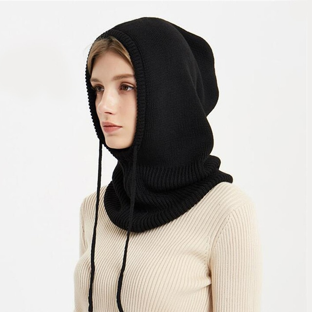 Hooded Knit Hat with Drawstring Closure and Wool Construction