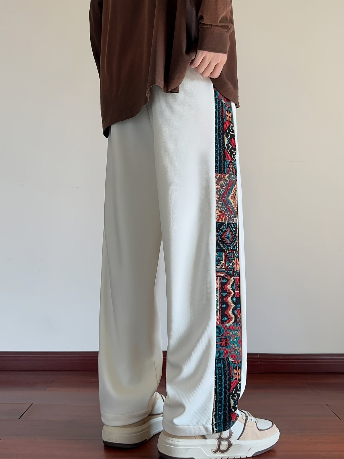 Wide Leg Trousers with Patterned Side Panels and Drawstring Waist