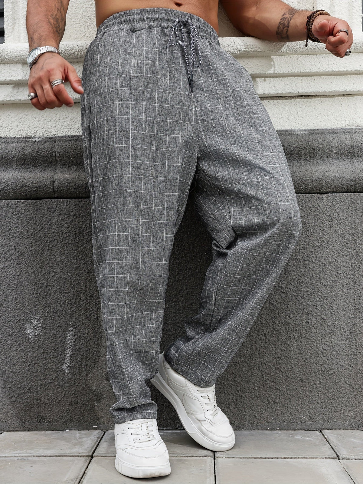 Relaxed Fit Windowpane Check Pants with Adjustable Drawstring Waist