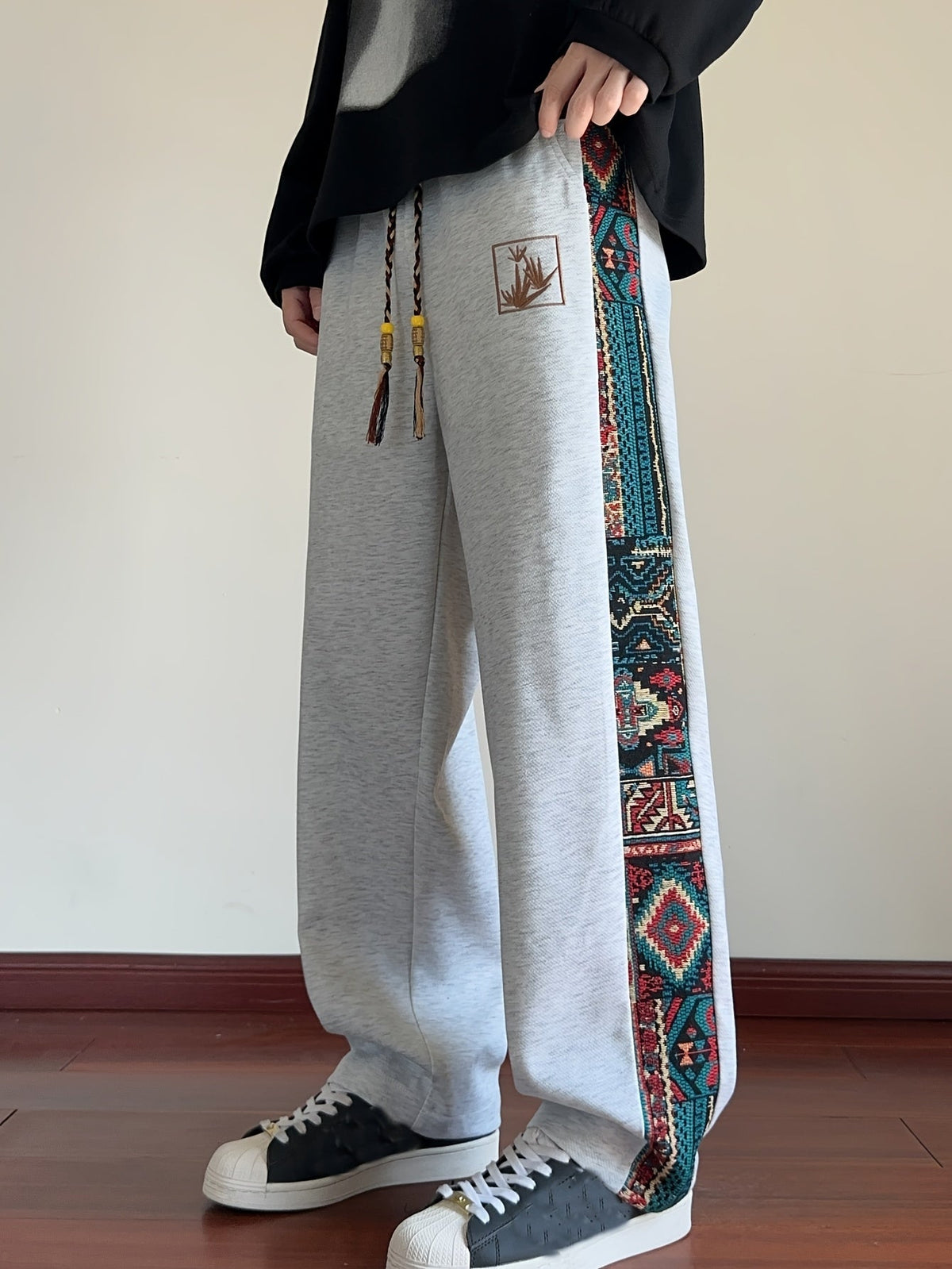 Wide Leg Trousers with Patterned Side Panels and Drawstring Waist